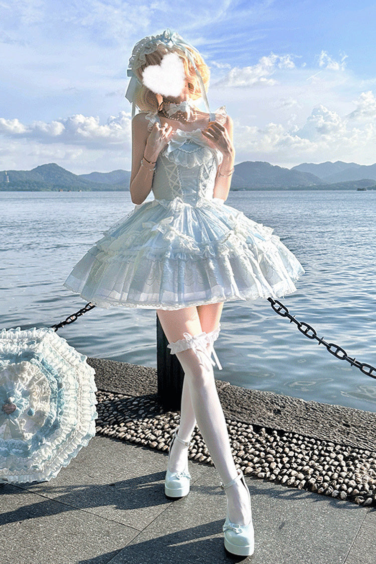 Blue [Candy House] Sleeveless Ruffle Bowknot Lace Lace-Up Sweet Lolita Jsk Dress