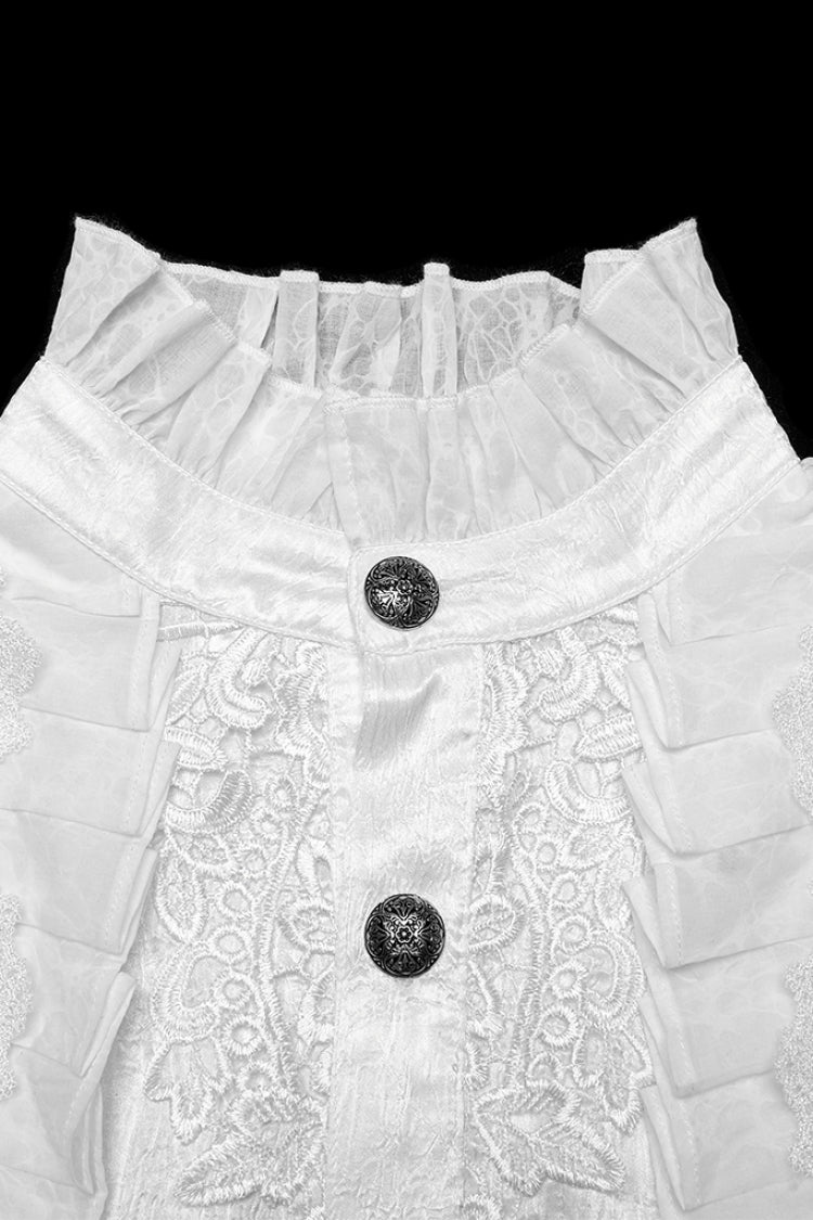 Weiße Stehkragen Lange Puffärmel Jacquard Rüschenstickerei Herren Gothic Bluse 