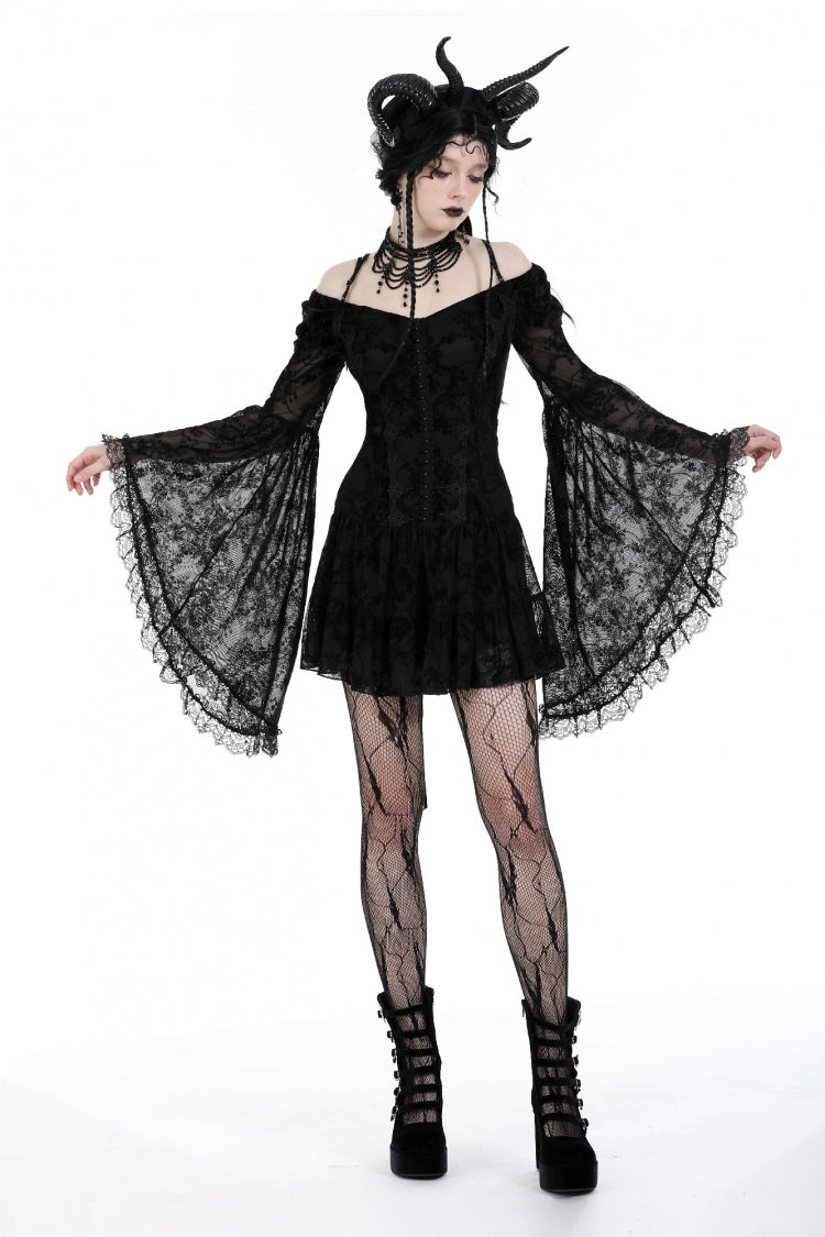 Robe de graduation gothique noire à épaules dénudées et manches longues en velours épissé en maille pour femmes