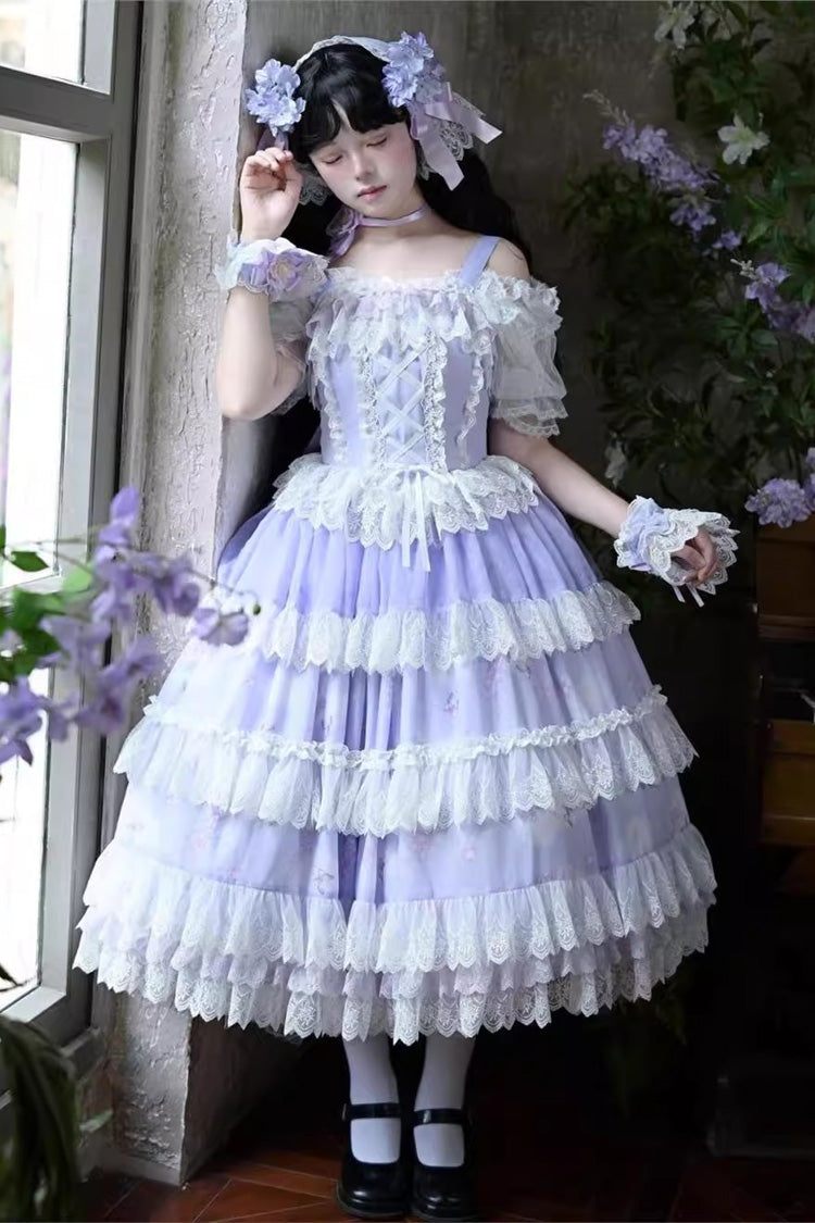 Purple [Lavender] Sleeveless Multi-Layered Print Ruffle Bowknot Lace-Up Sweet Elegant Lolita Jsk Dress Set