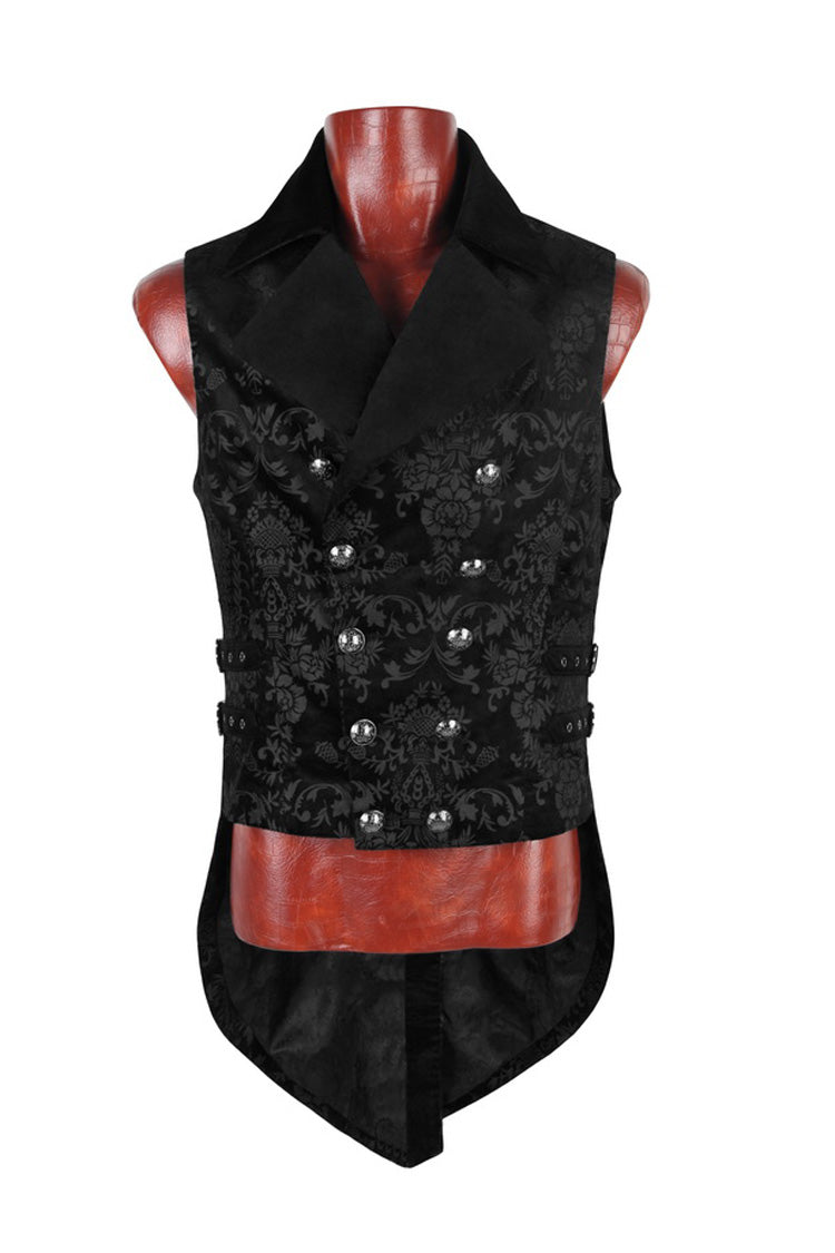 Black Double-Breasted Swallowtail Hem Print Mens Gothic Vest