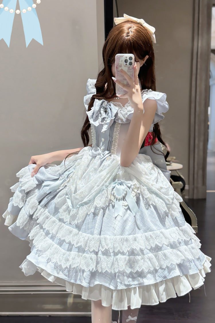 Blue [Fairy Tale Advent] Multi-Layered Ruffle Bowknot Lace Sweet Princess Gorgeous Lolita Tiered Dress