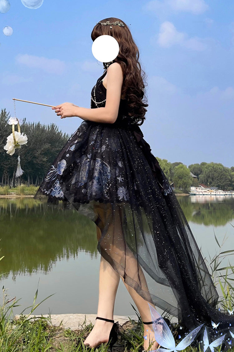 Blue [Deep Sea Jellyfish] Halterneck Sleeveless Print Embroidery Bowknot Lace Sweet Elegant Lolita Jsk Dress