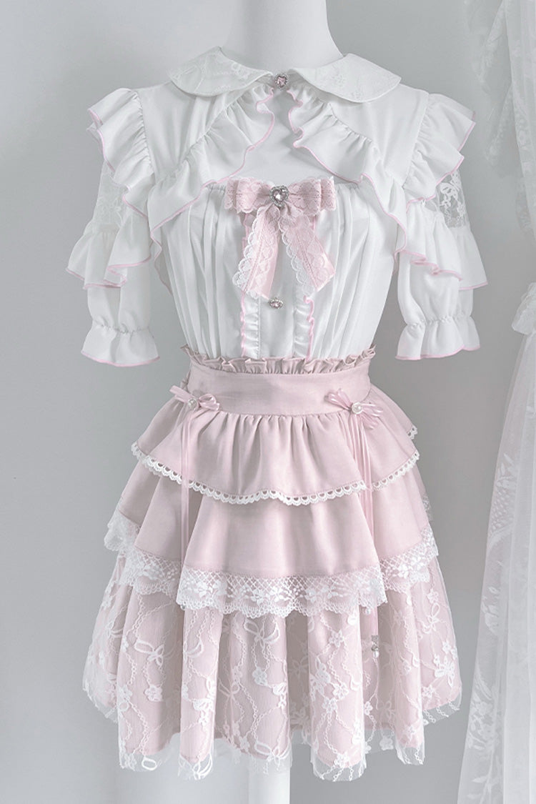White/Pink Short Sleeves Triple-Layered Ruffle Bowknot Lace Jirai Kei Japanese Skirt Set