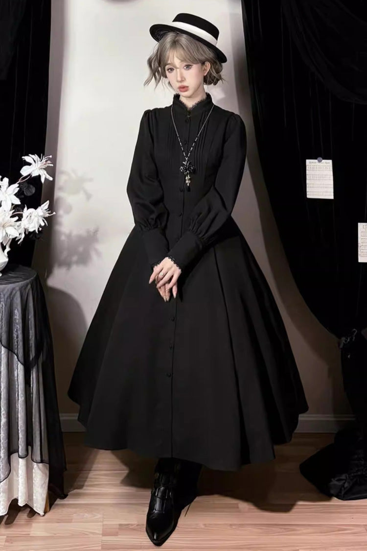Black [Astrea] Long Puff Sleeves Slim Gothic Elegant Lolita Dress