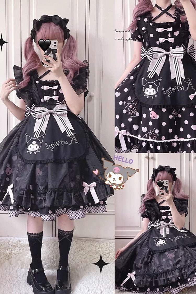 Black Short Sleeves Kulomi Print Ruffle Bowknot Alice Sweet Lolita Dress