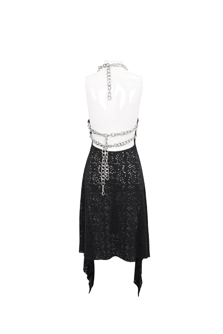 Black Irregular Pattern Wool Metal Chain Halter Neck Backless Women's Punk Dress