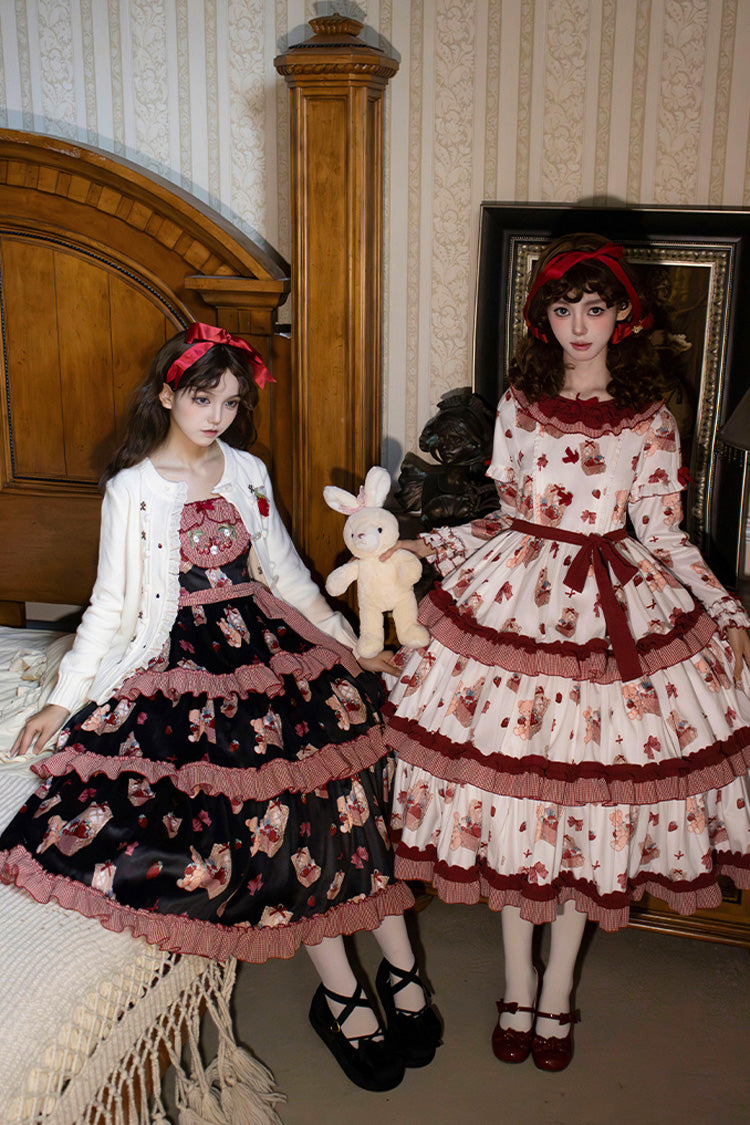 White/Pink [Bell Strawberry Farm] Print Long Sleeves Triple-Layered Ruffle Sweet Lolita Dress