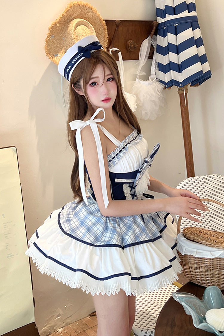 Blue/White [Sailing Love] Navy Collar Sleeveless Plaid Print Ruffle Bowknot Sweet Lolita Dress