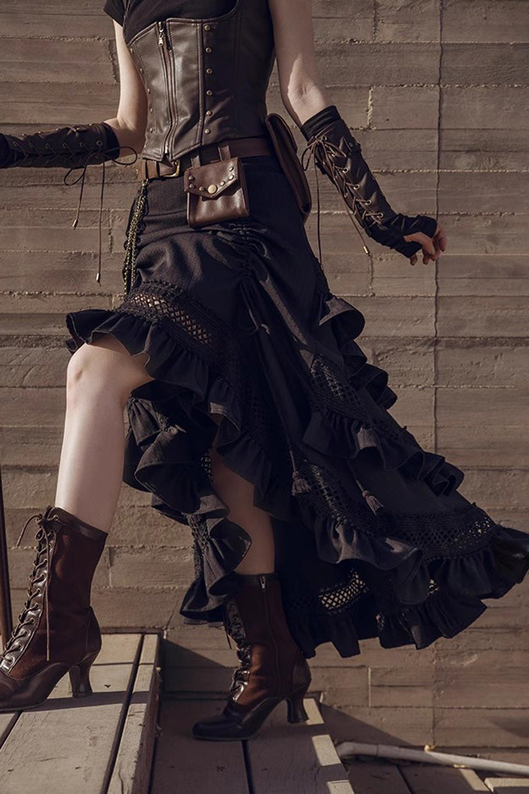 Black Multi-layer Ruffle Hollow Tassel Drawstring Gothic Punk Long Skirt