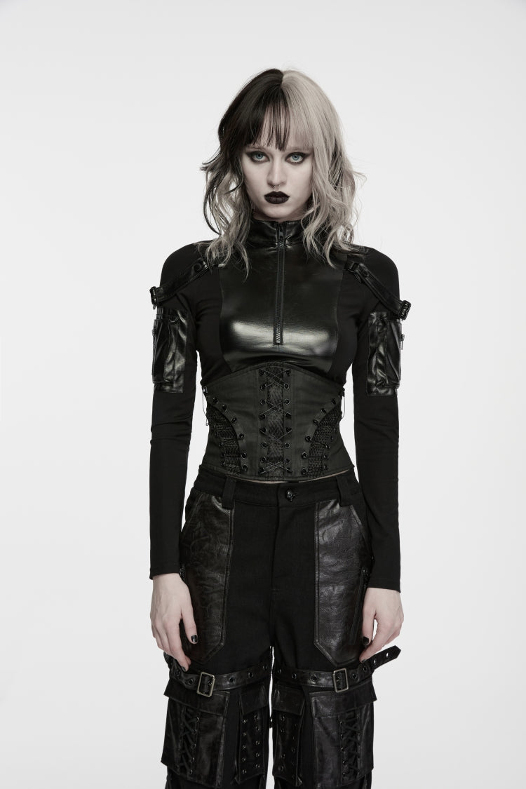 Black Patchwork Lace-Up Slim Fit Zippered Eyelet Women's Punk Cool Royal Corset