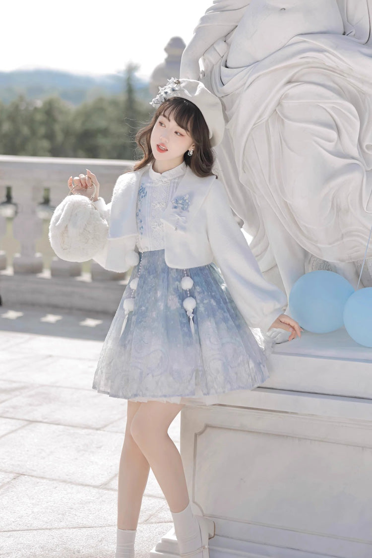 White/Blue Long Sleeves Print Ruffle Chinese Style Princess Sweet Lolita Jsk Dress Set
