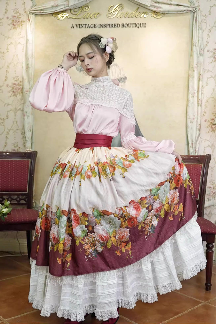 Red [Rainy Season Garden] Print Ruffle Sweet Classic Lolita Skirt