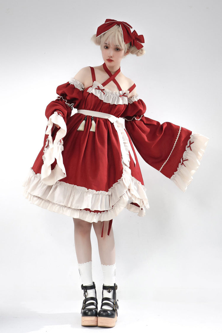 Red [Monet Estate] Sleeveless High Waisted Ruffle Bowknot Asymmetric Gothic Lolita Jsk Dress