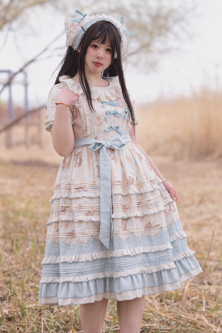 Blue/Apricot [Harvest Bear] Print Short Sleeves Multi-Layered Ruffle Bowknot Sweet Plus Size Lolita Dress 2 Versions