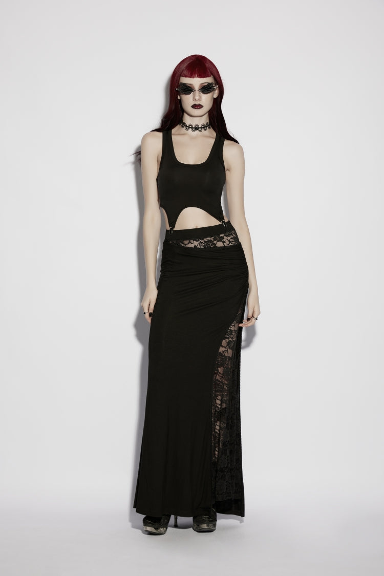 Schwarzer asymmetrischer Damen-Gothic-Rock mit Rosen-Spitzen-Spleiß und seitlichem Schlitz