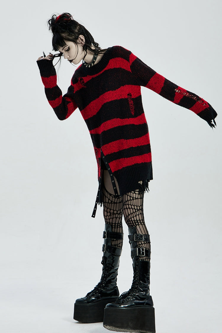 Gestreifter Print, lange Ärmel, zerrissenes Mesh, Steampunk-Strickpullover für Damen, 2 Farben