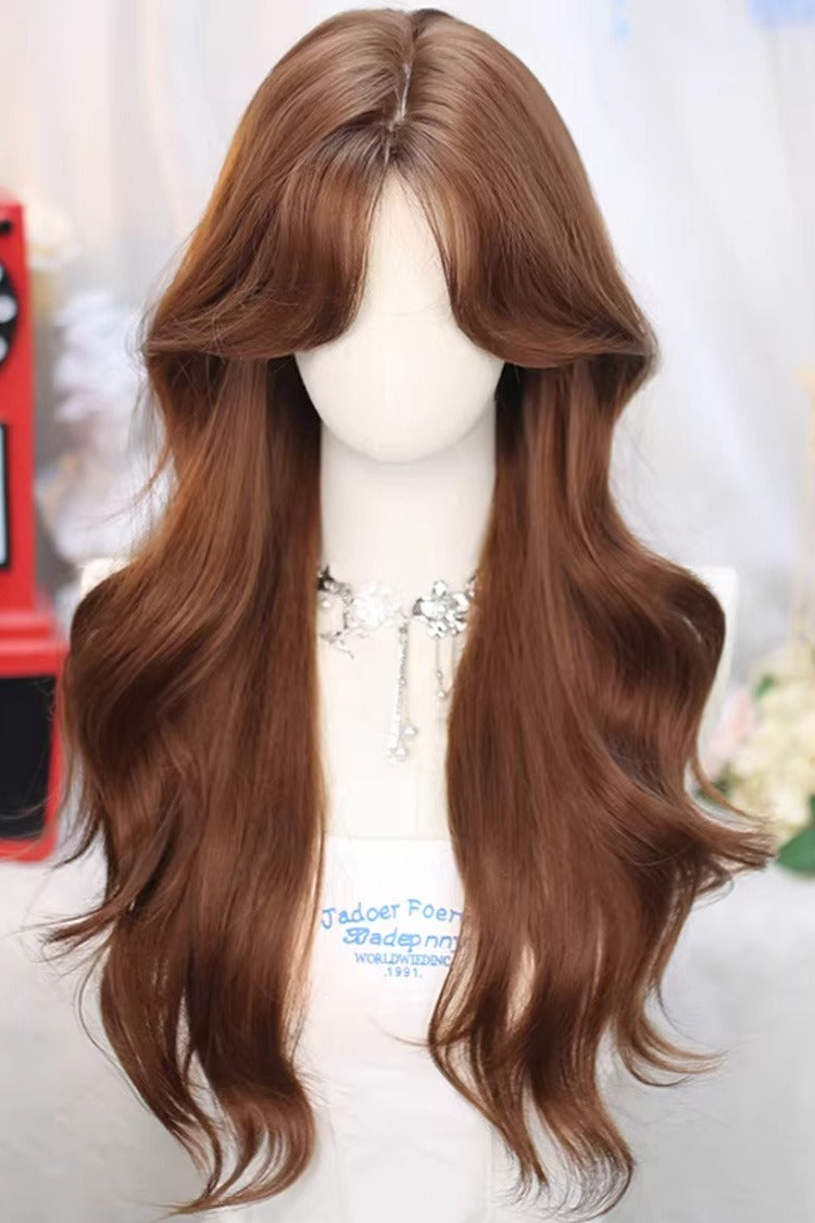 Perruque Lolita douce et ondulée avec frange marron café cool