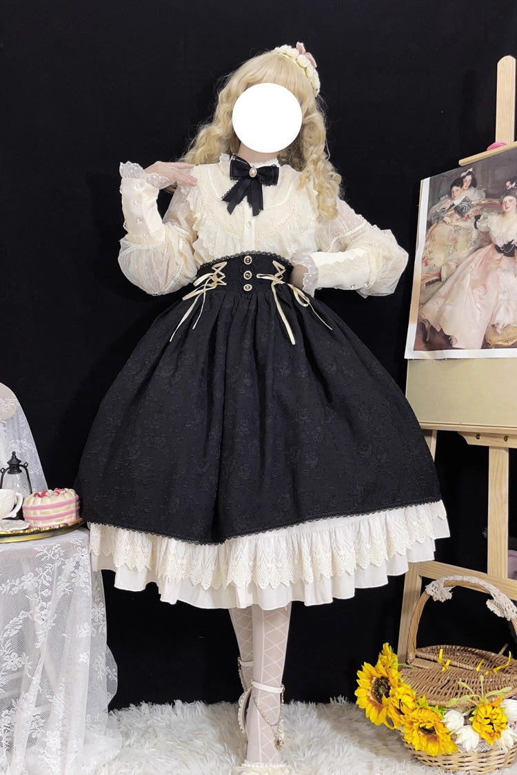 Black [Heart of Rose] High Waisted Ruffle Embroidery Lace-Up Sweet Vintage Elegant Palace Lolita Skirt