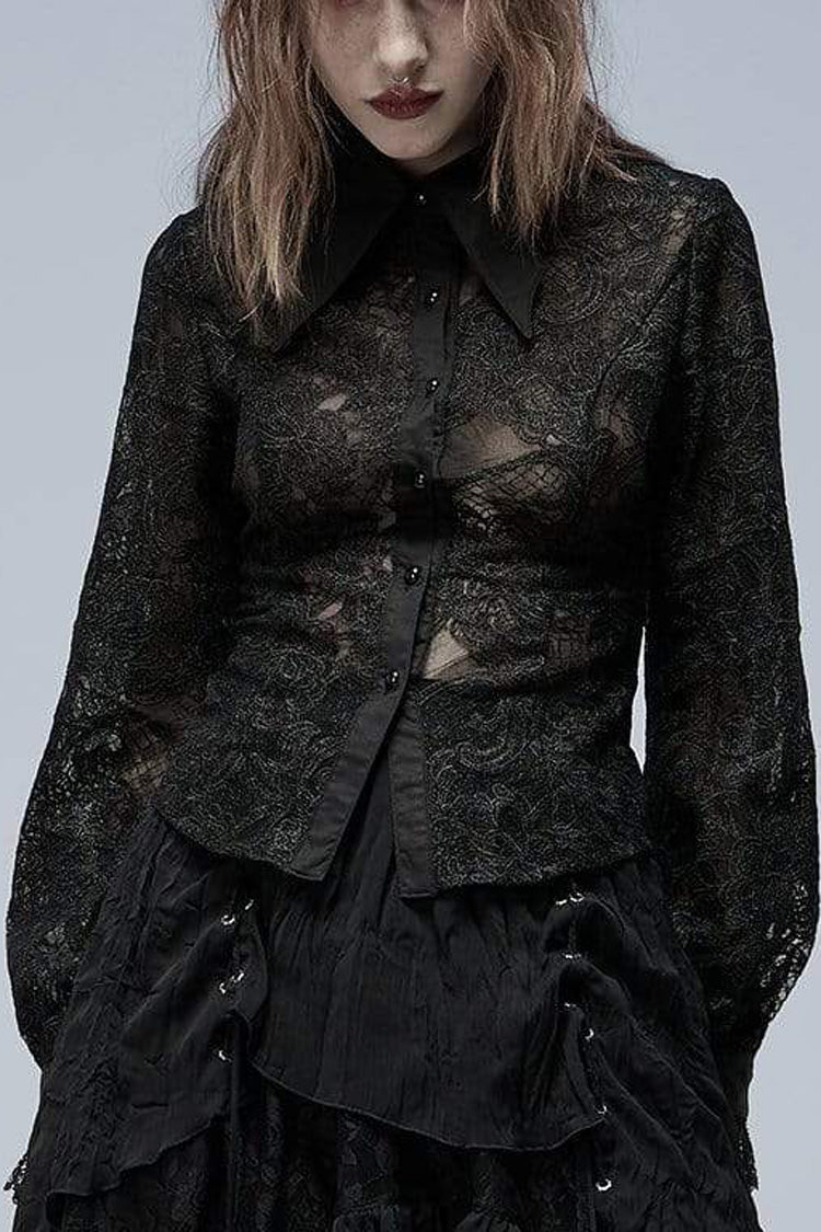 Schwarze Gothic-Bluse mit Reverskragen und langen Puffärmeln mit hohler Stickerei für Damen