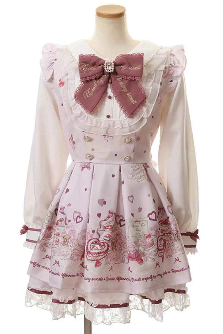 [Afternoon Tea] Long Sleeves Print Ruffle Bowknot Lace Sweet Jirai Kei Plus Size Dress 3 Colors