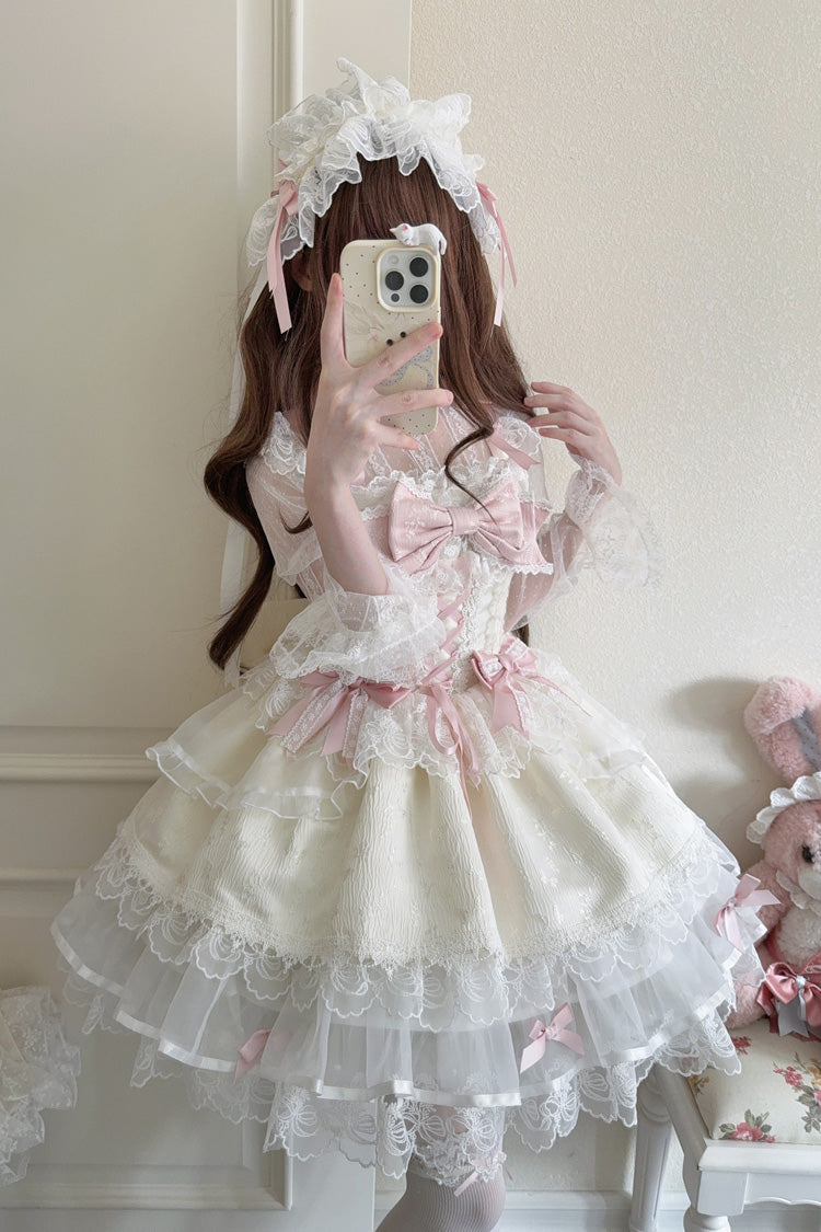 Robe Jsk Lolita Ballet Douce Slim en Dentelle à Nœud à Volants sans Manches Abricot [Île Fleishi] 