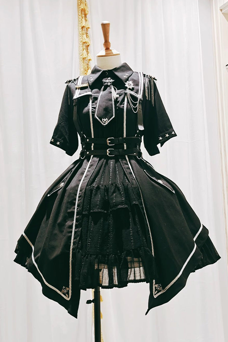 Schwarzer [Sunset Universe] Kurzarm-Cardigan Spitze Gothic Militärischer Schicker Lolita-Kleid Komplettset 