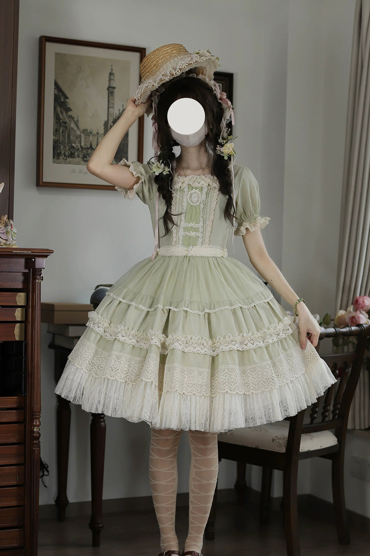Muscat Green [Vintage Ball 3.0] Square Collar Short Sleeves Lace Pearl Detail Sweet Lolita Dress