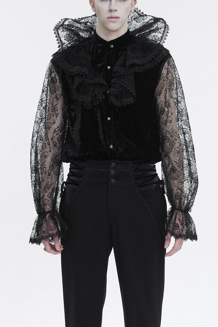 Black Lotus Leaf Stand Collar Semitransparent Lace Long Sleeved Men's Gothic Shirt