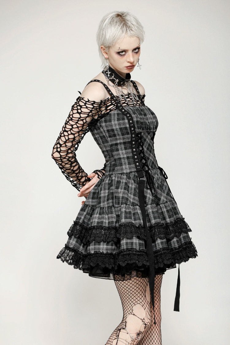 Grey Sleeveless Layered Lace Hem Plaid Women's Punk Party Slip Dress Graduation Dress