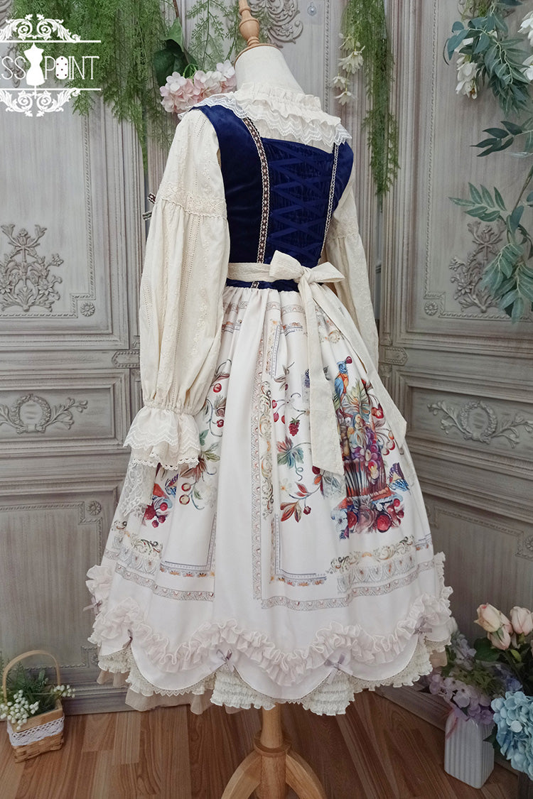 Ivory [Ode to Plenty] Berries and Birds Print Ruffle Bowknot Velvet Classic Lolita Breast Support Jsk Dress