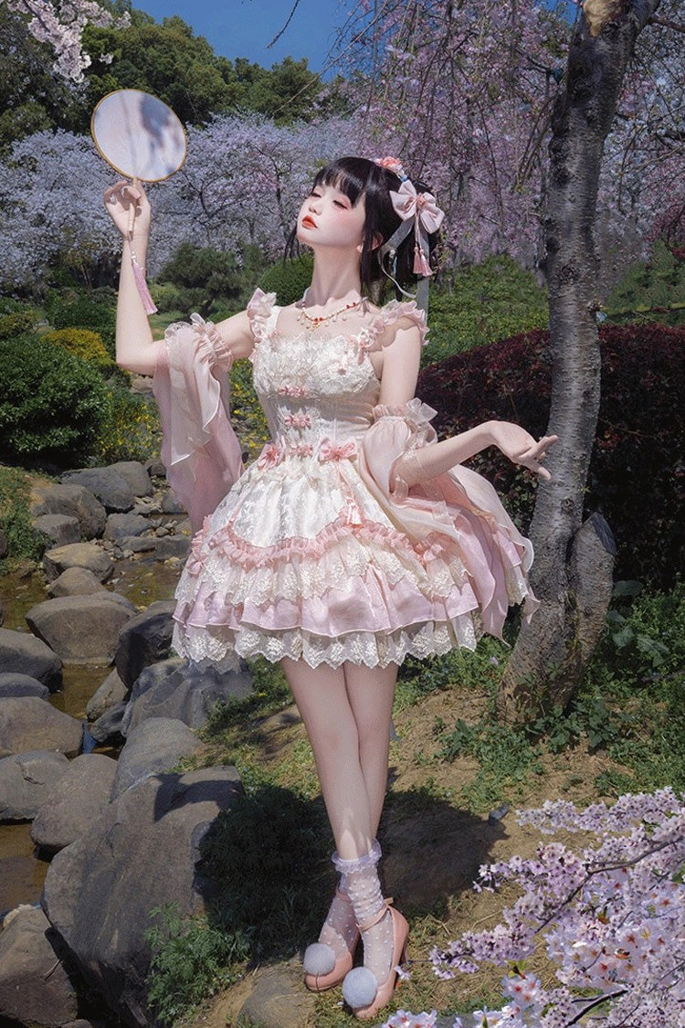 Pink [Lyrics in the Midst of Flowers] Ruffle Embroidery Bowknot Chinese Style Elegant Sweet Lolita Jsk Dress