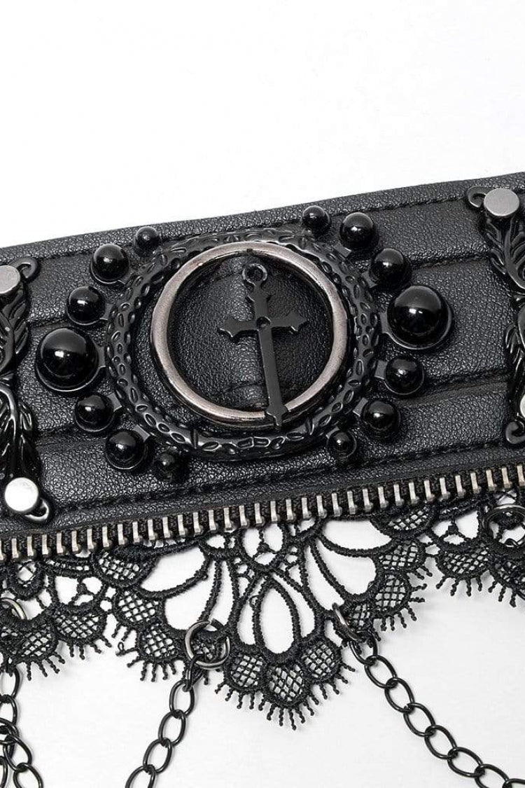 Black Leather Metal Rivets Lace Women's Gothic Chocker