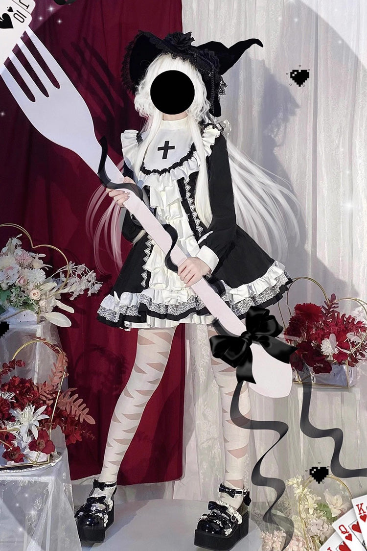 ホワイト/ブラック長袖多層クロスプリント修道女スタイルフリルゴシックロリータドレス