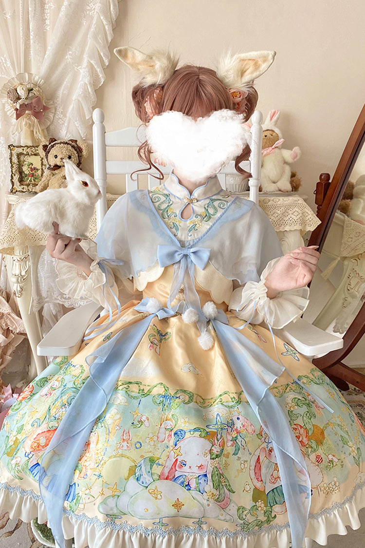 Multi-Color Fairy Rabbit Print Ruffle Bowknot Sweet Chinese Style Princess Lolita Dress