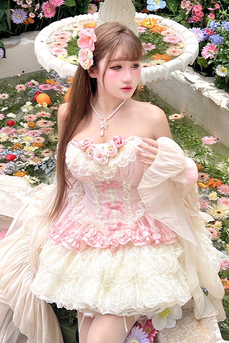 Pink [Pure Dream Flower Love] Multi-Layered Ruffle Embroidery Bowknot Lace Sweet Lolita Jsk Dress