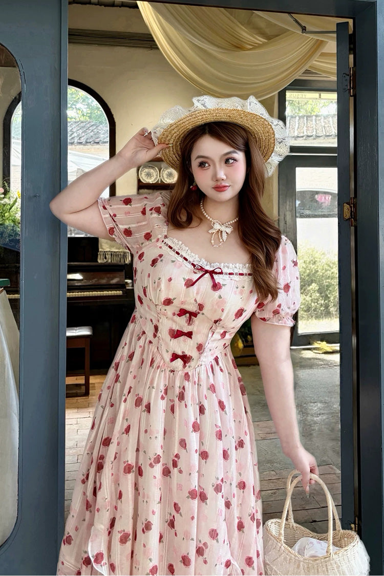 Rosafarbenes, quadratisches Kragen-Kurzarm-Hochtailliertes, mit Rosen bedrucktes, gerüschtes, süßes Plus-Size-Lolita-Kleid
