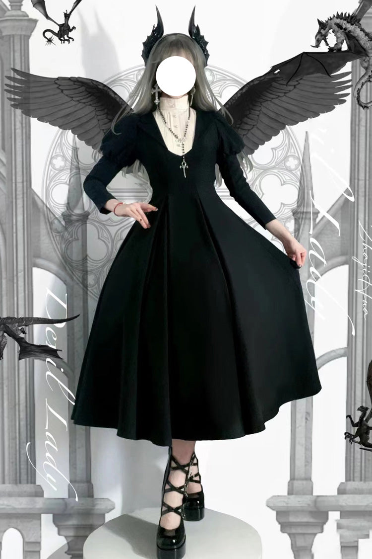 Black Nun Long Puff Sleeves High Waisted Gothic Plus Size Lolita Dress