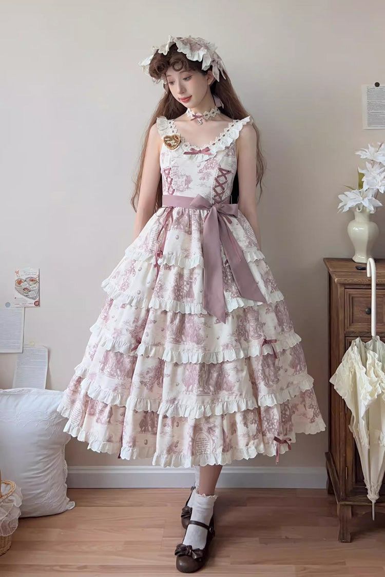 Smoky Purple [Grape Moon Almanac] Sleeveless Multi-Layered Printed Ruffled Bow Adjustable-Length Sweet Lolita Jsk Dress
