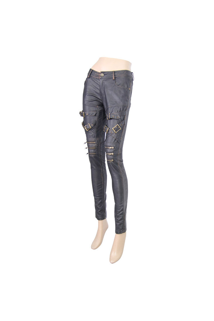 Black/Bronze Metal Zipper Decoration Metal Buckle Leather Leg Loop Leather Women's Punk Pants