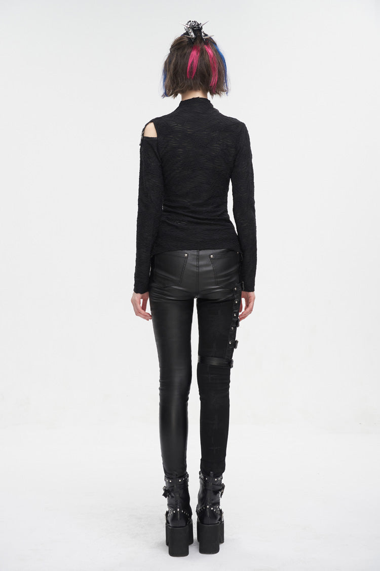 Schwarzes Gothic-Shirt mit Riemchen und Cutout aus Netzstoff für Damen