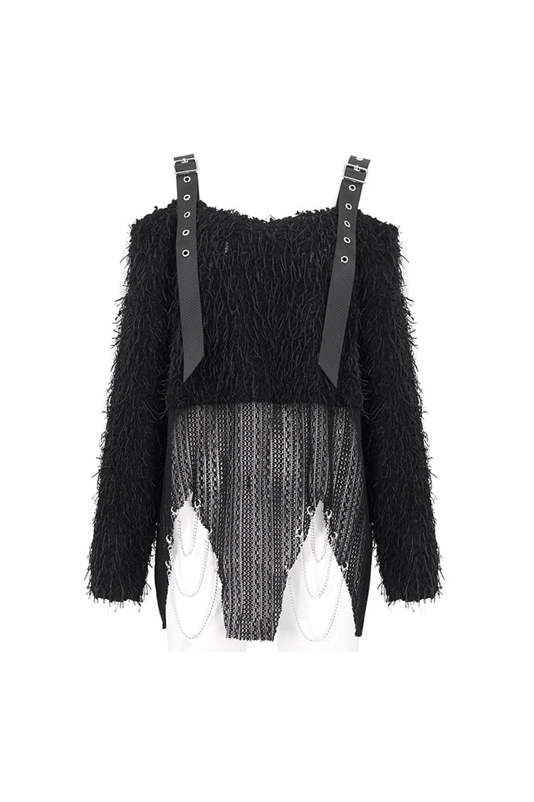 Black Irregular Off Shoulder Fluffy Women's Punk Sweater