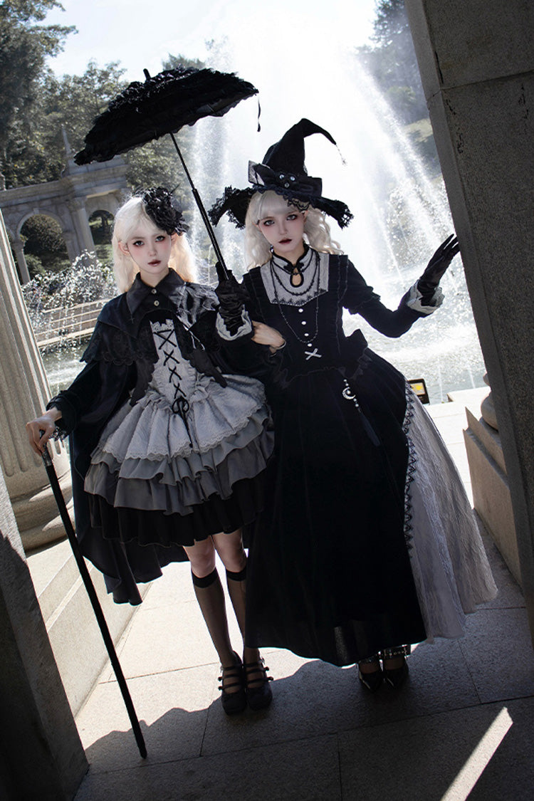 Black/Grey Witch Long Sleeves Gradient Multi-Layered Ruffle Bowknot Lace Gothic Chinese Style Lolita Dress