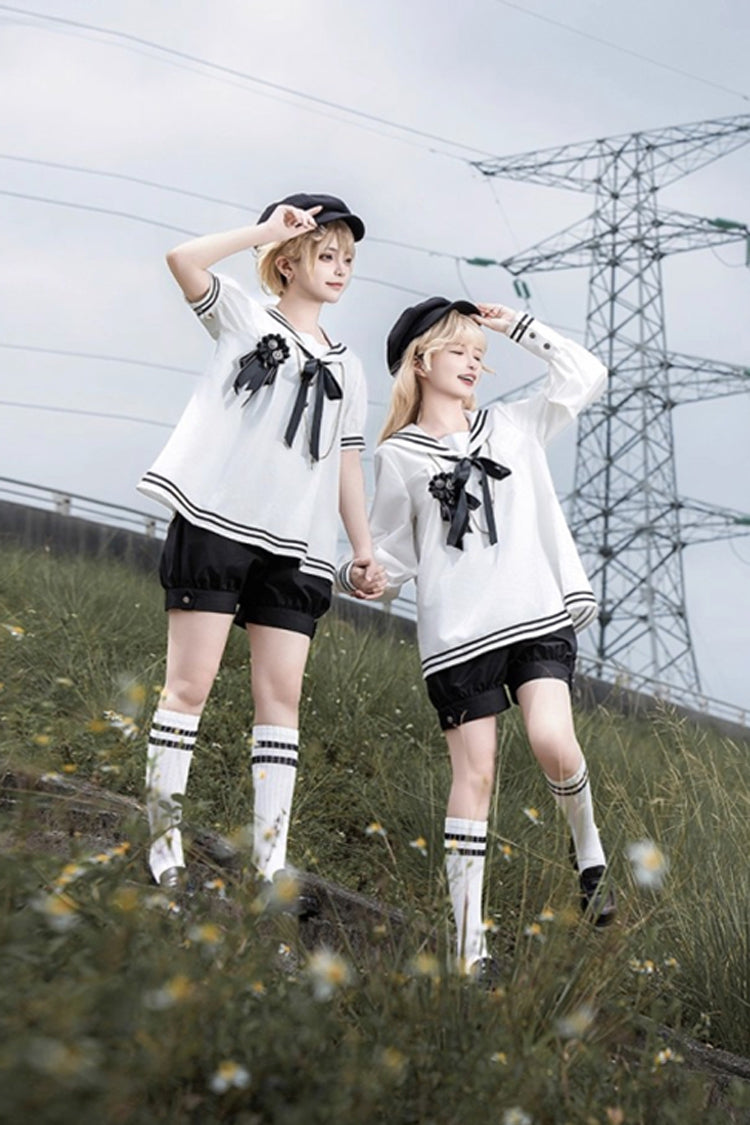 Black/White [Old Stories] Navy Collar Long Sleeves Bowknot Ouji Gothic Lolita Blouse Shorts Set