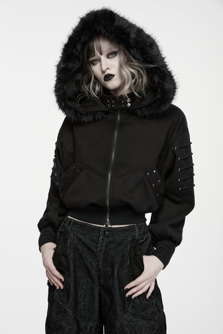 Black Stand Collar Long Sleeves Hooded Detachable Studded Zippered Women's Punk Faux Fur Trim Jacket