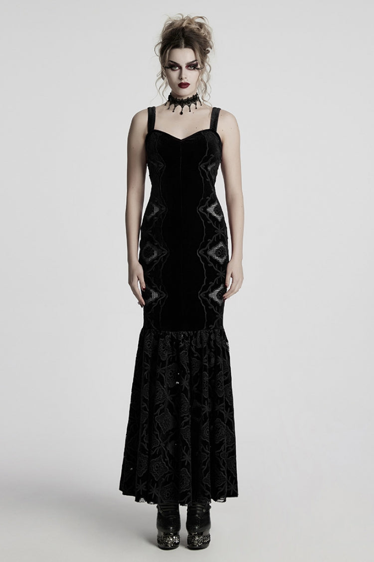 Black Sleeveless Floral Embroidery Women's Gothic Fishtail Slip Dress
