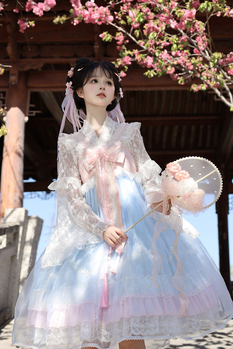 [Peach Blossoms in Spring Fields] Sleeveless Ruffle Bowknot Lace Sweet Chinese Style Lolita Jsk Dress 3 Colors