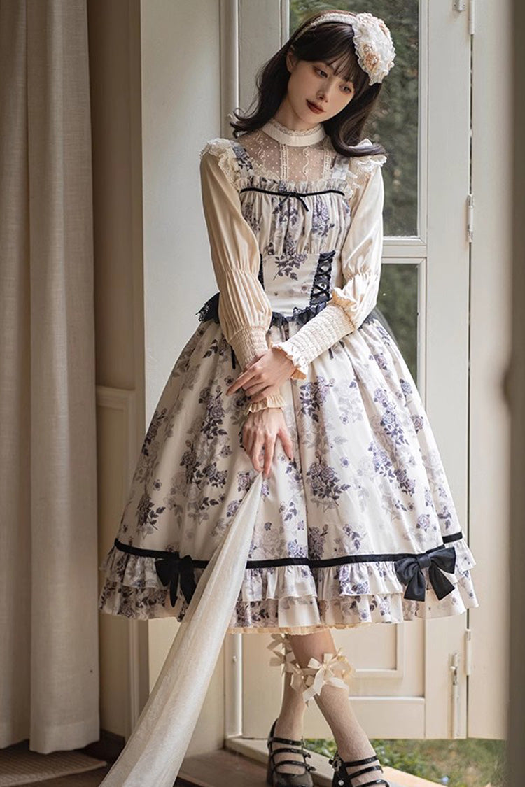 Ivory Rose Print Ruffle Sweet Elegant Princess Lolita Dress