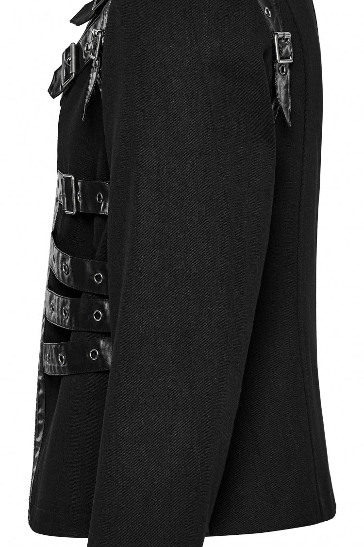 Black Round Collar Multi-Buckles Straps Faux Leather Men's Punk Jacket