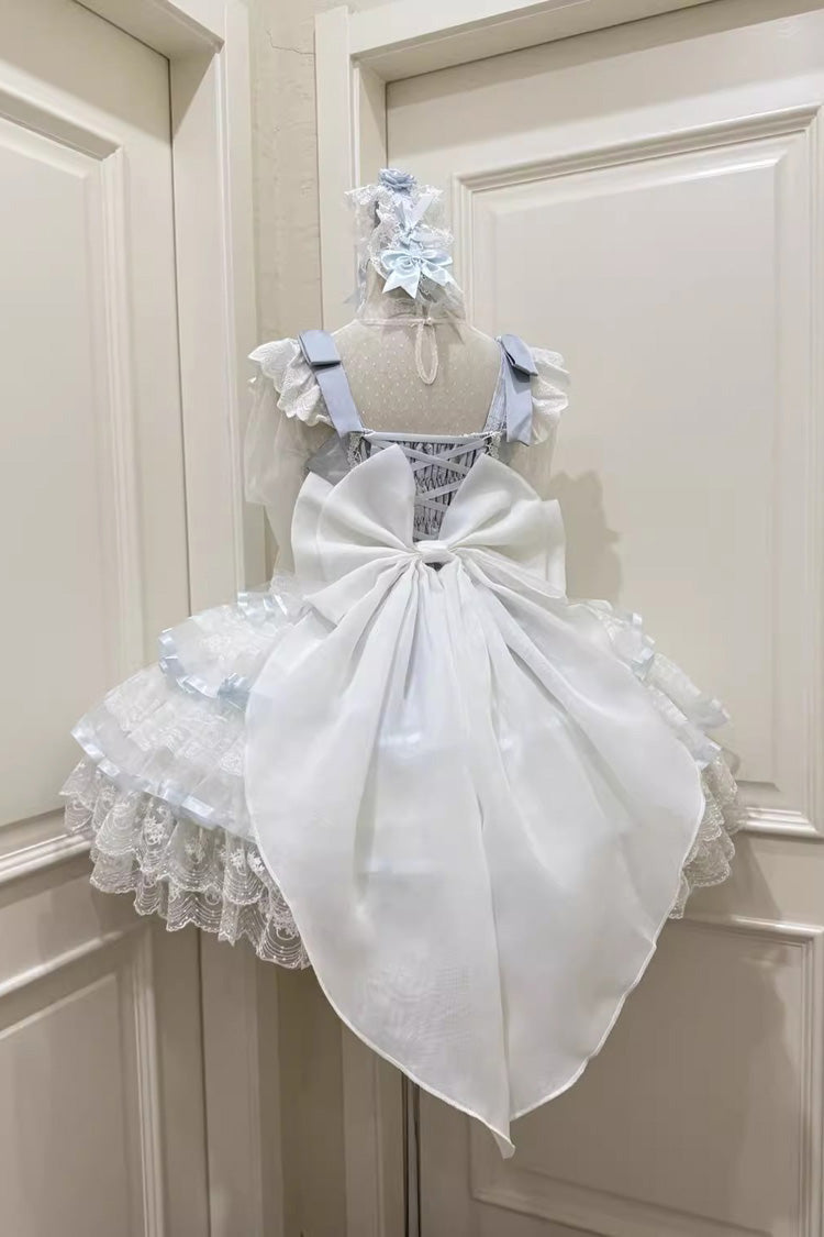 Blue [Rose Feather Waltz] Sleeveless Triple-Layered Ruffle Bowknot Lace Sweet Ballet Lolita Jsk Dress